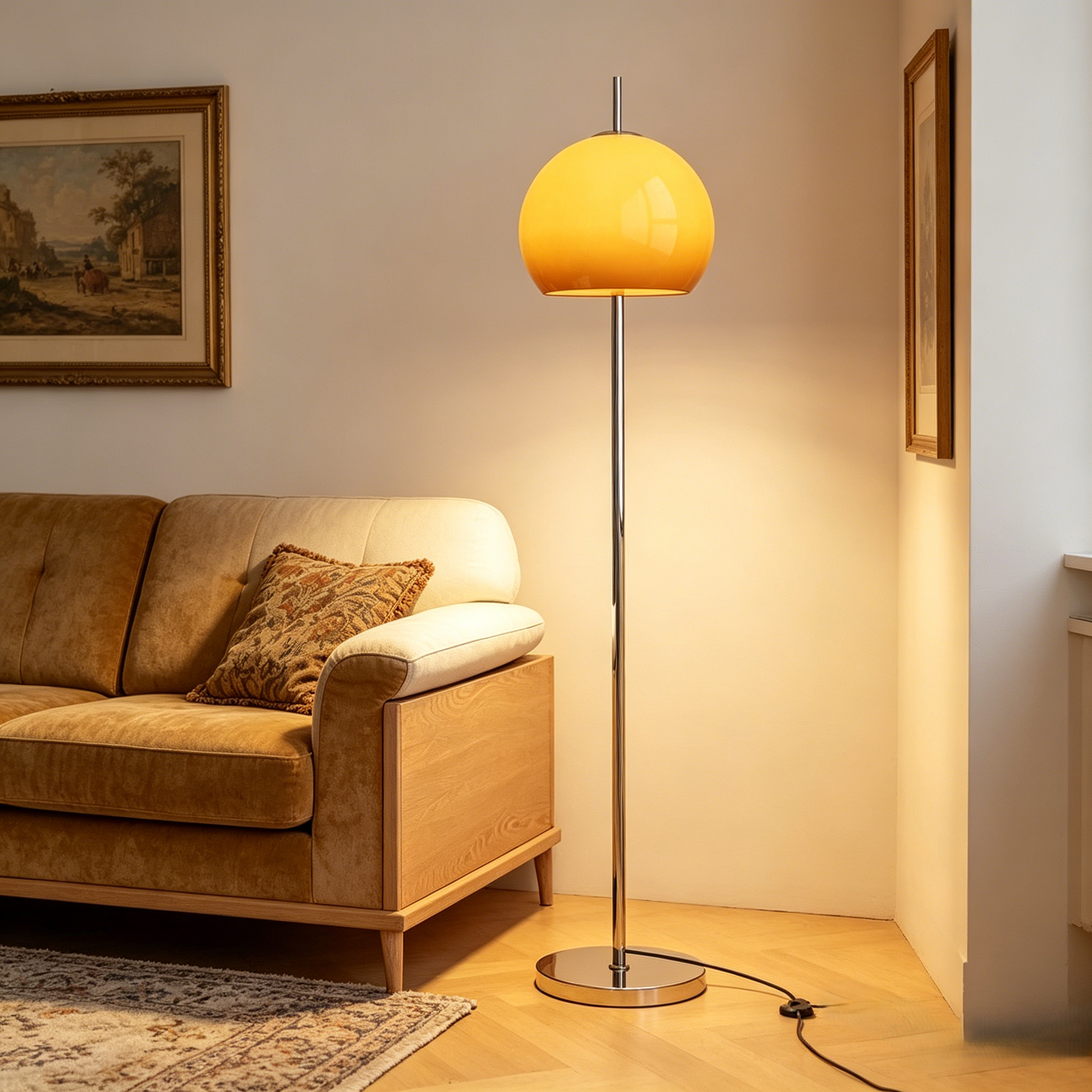 Contemporary Stand Up Floor Lamp with Amber Orange Glass Dome | homeyfad