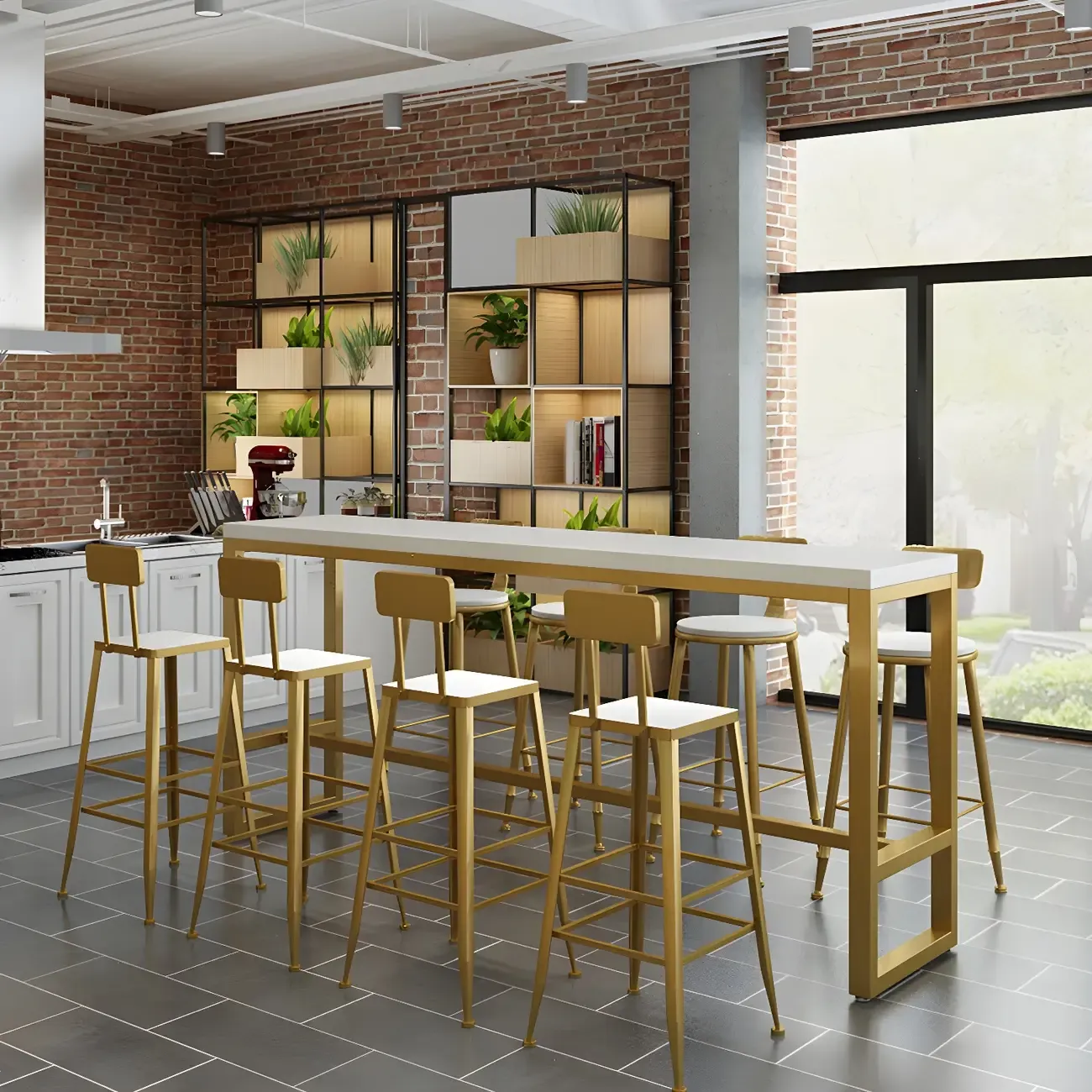 Stylish White Wood Gold Trestle Bar Table for Modern Kitchens Image - 1