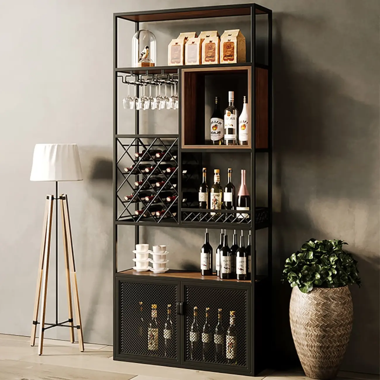 Freestanding Industrial Metal Eco-Board Wine Rack Cabinet Image - 5 | homeyfad