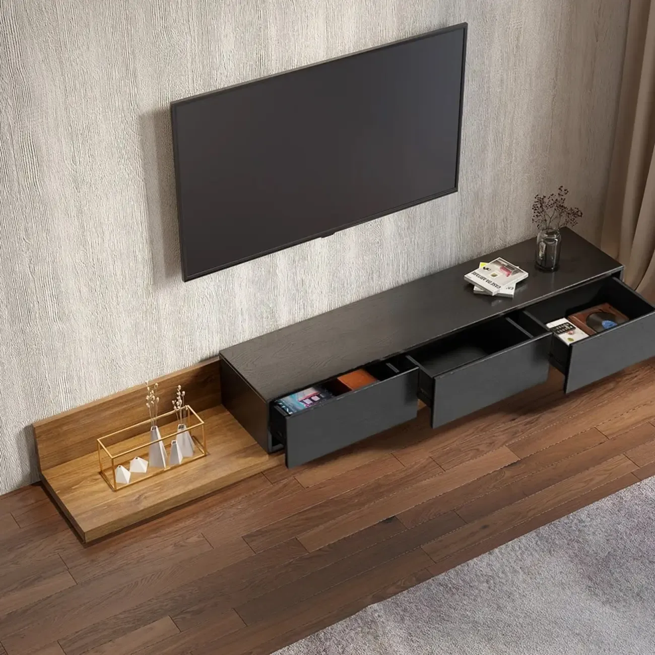 Extendable Floor Walnut TV Stand with 3 Drawers Image - 5