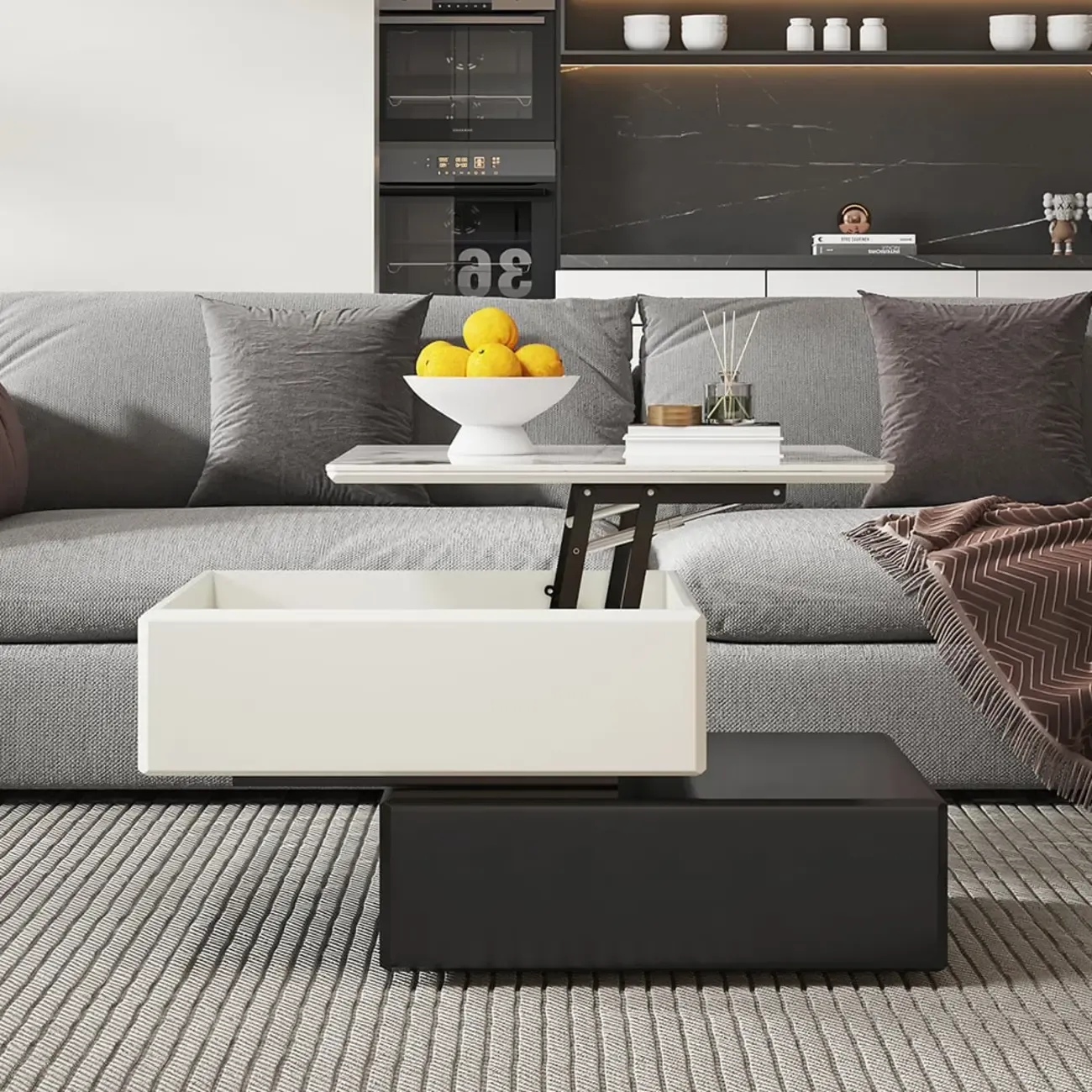 Sintered Stone 3-Tier Square Rotating Lift-Top Coffee Table Image - 2