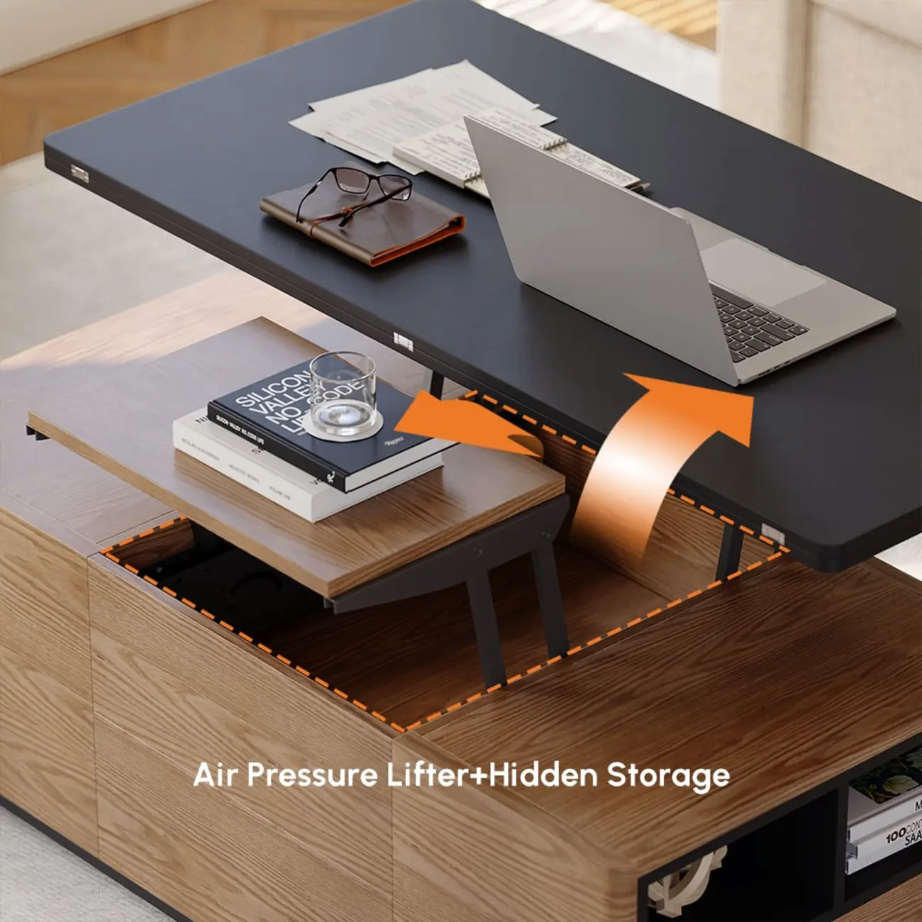 Large Wooden Lift-Top Coffee Table with Drawers & Cabinet Image - 13 | homeyfad