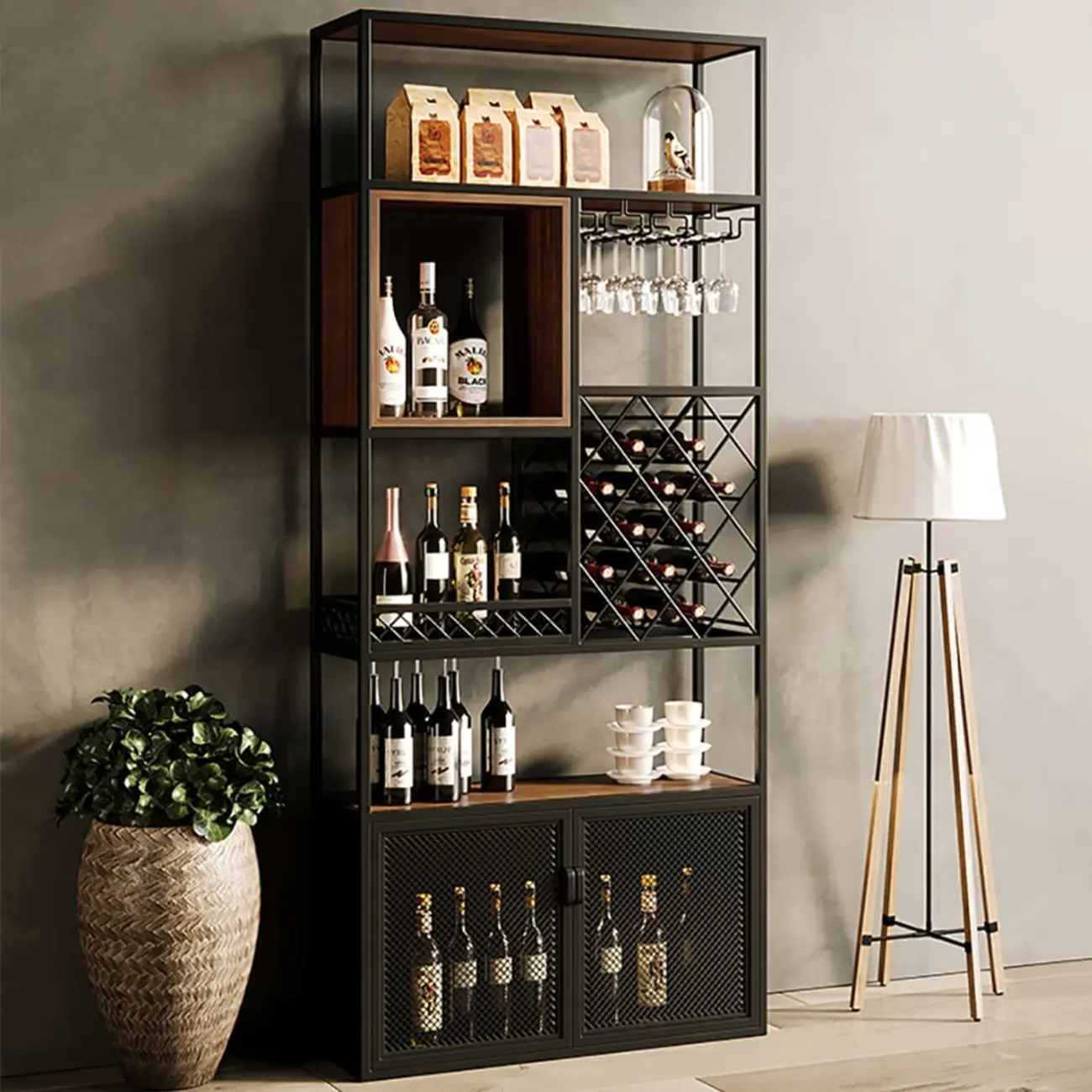 Freestanding Industrial Metal Eco-Board Wine Rack Cabinet Image - 10 | homeyfad