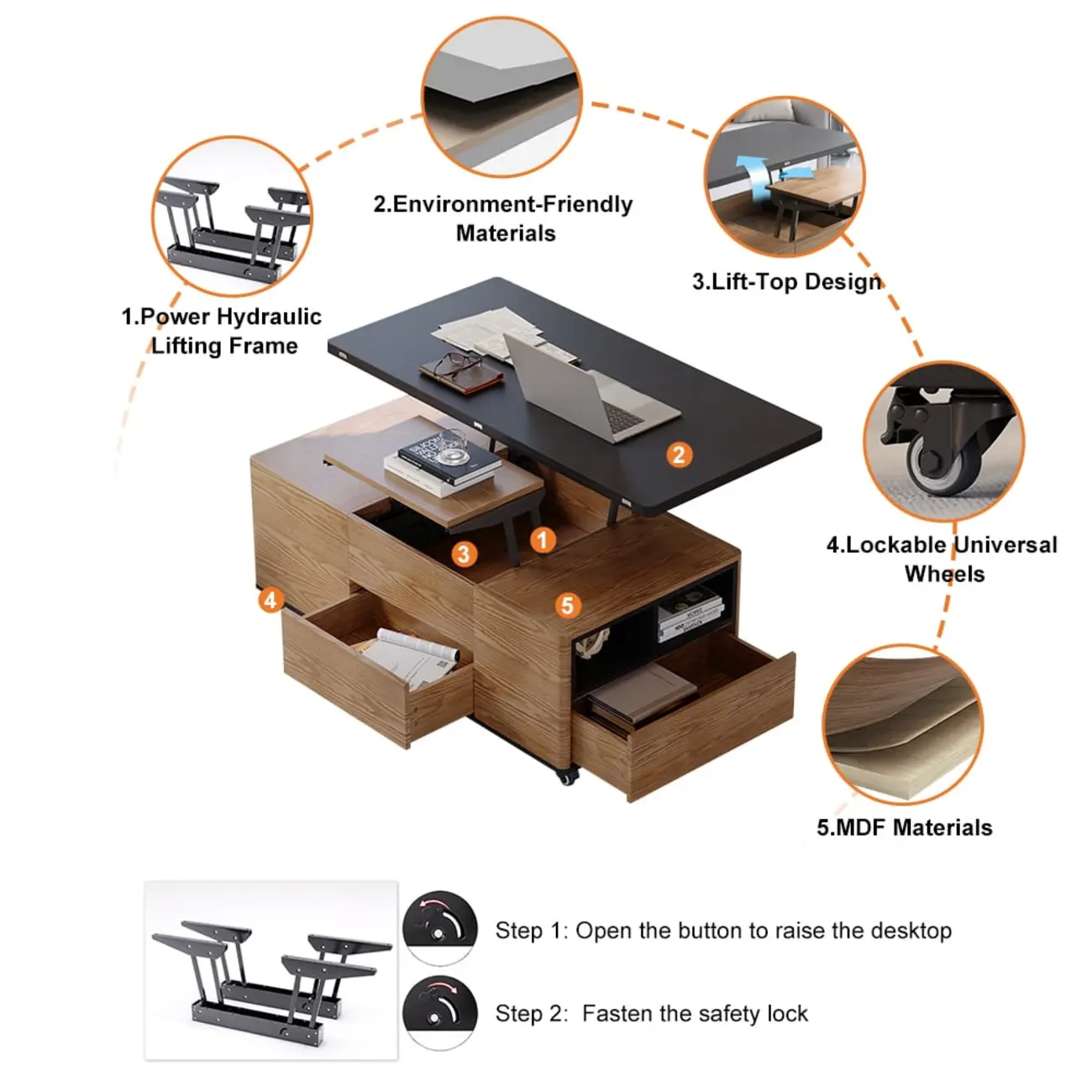Large Wooden Lift-Top Coffee Table with Drawers & Cabinet Image - 3 | homeyfad