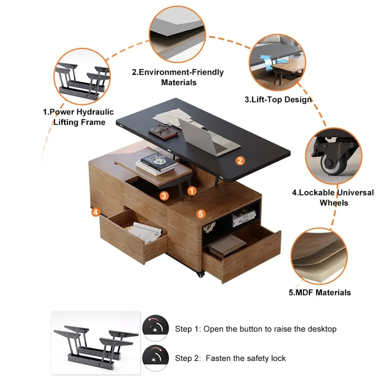 Large Wooden Lift-Top Coffee Table with Drawers & Cabinet Image - 3