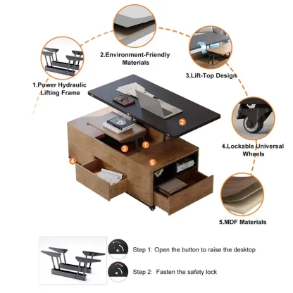 Large Wooden Lift-Top Coffee Table with Drawers & Cabinet Image - 3