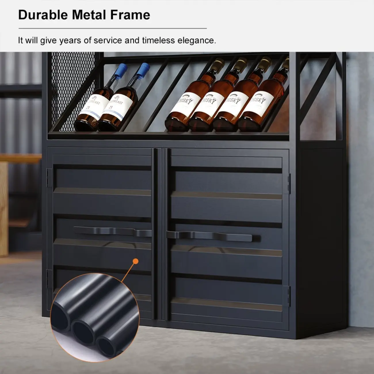 Industrial Freestanding Metal Wine Rack with Doors Image - 7 | homeyfad