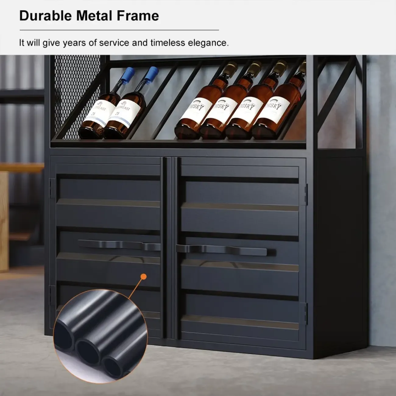 Industrial Freestanding Metal Wine Rack with Doors Image - 7