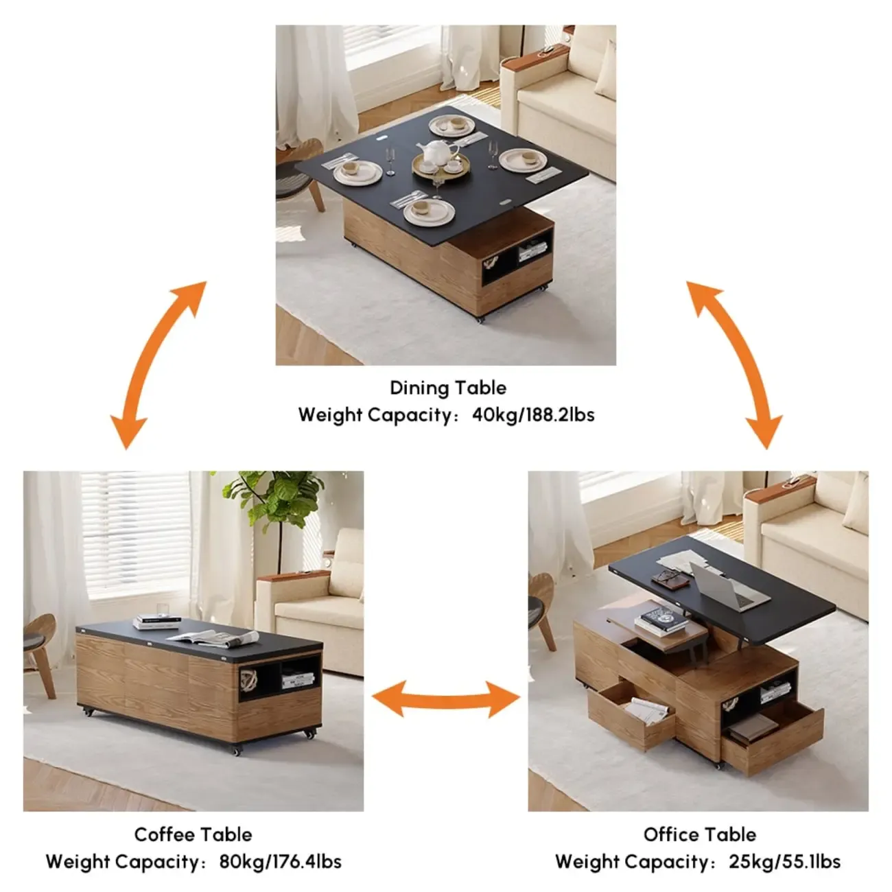 Large Wooden Lift-Top Coffee Table with Drawers & Cabinet Image - 10