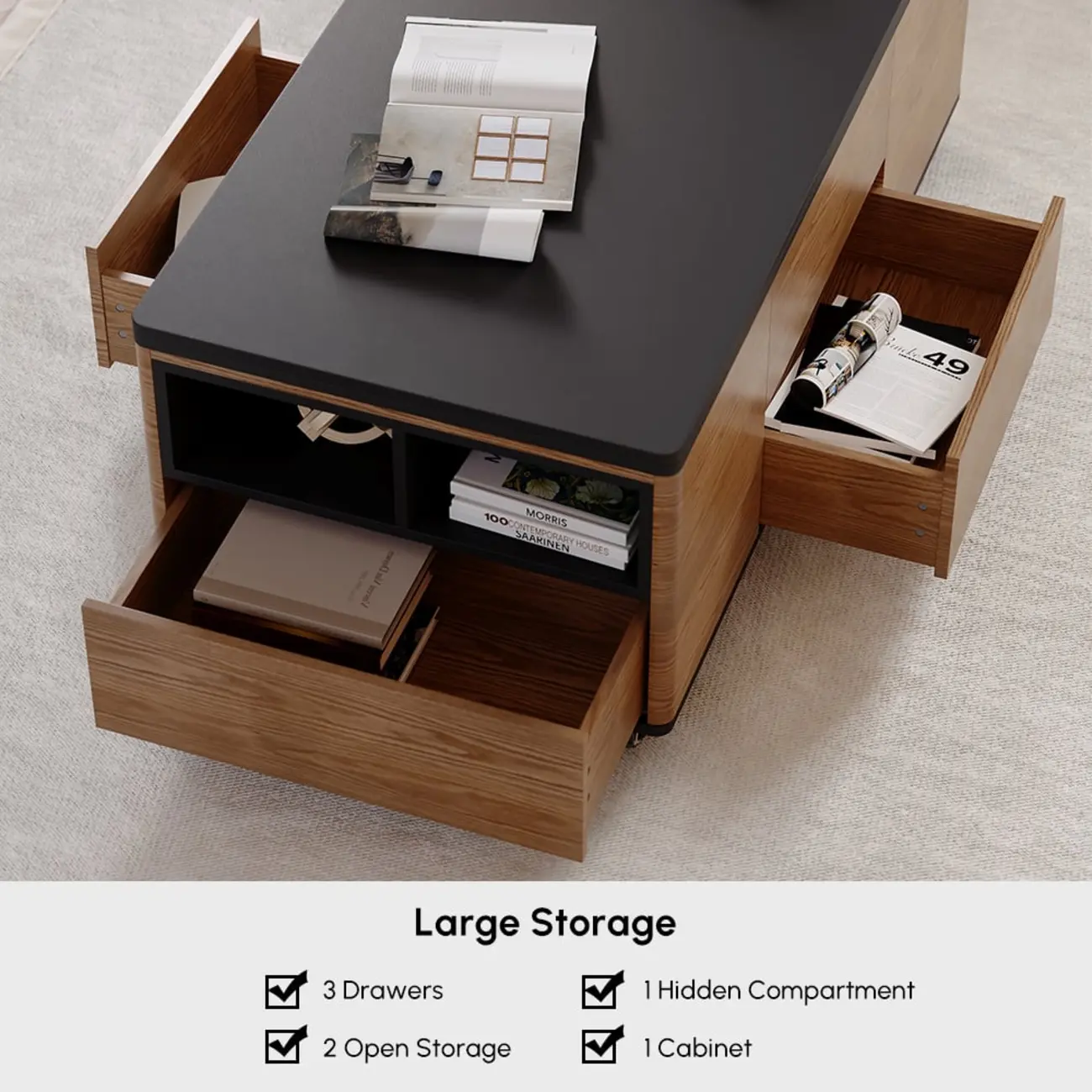 Large Wooden Lift-Top Coffee Table with Drawers & Cabinet Image - 15 | homeyfad