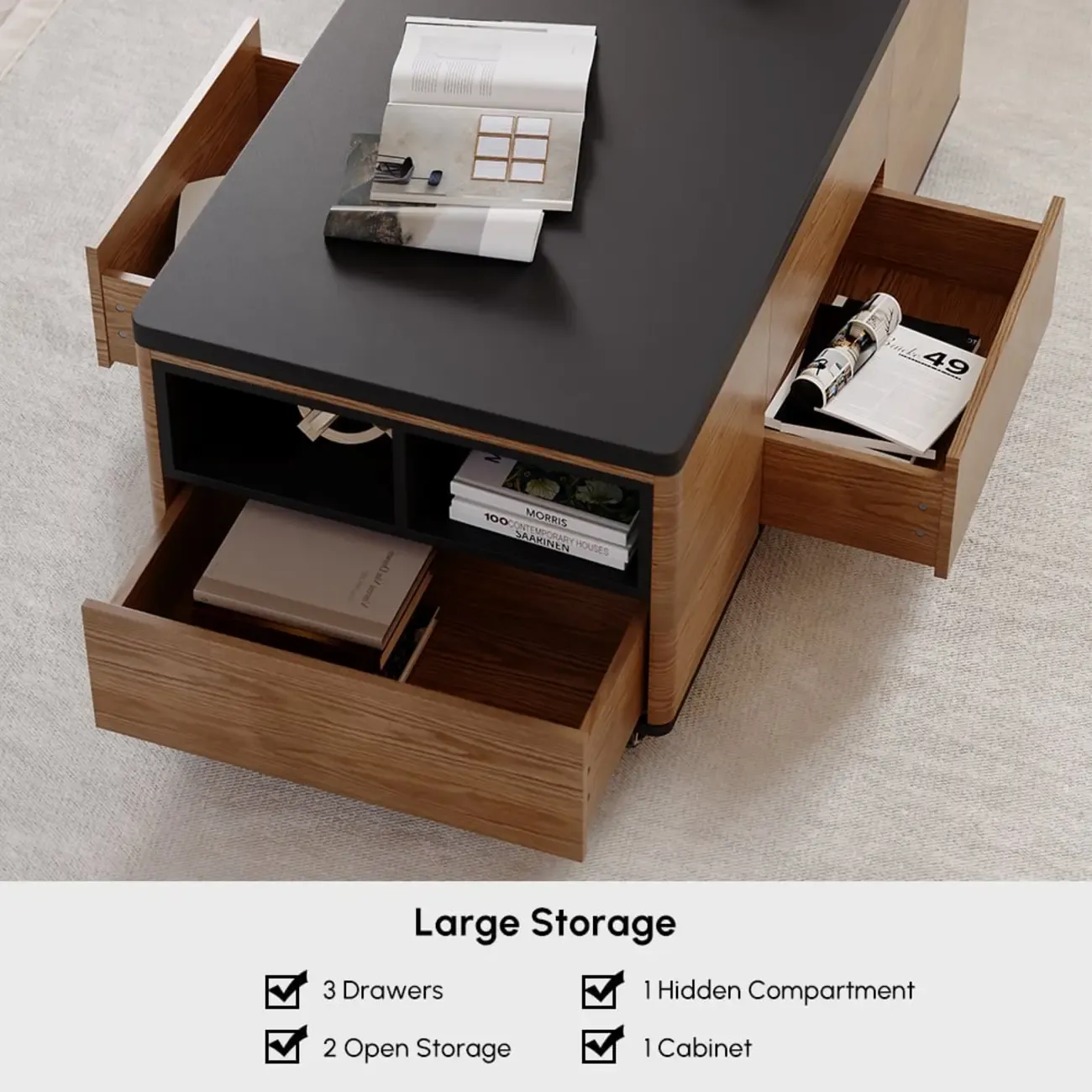 Large Wooden Lift-Top Coffee Table with Drawers & Cabinet Image - 15