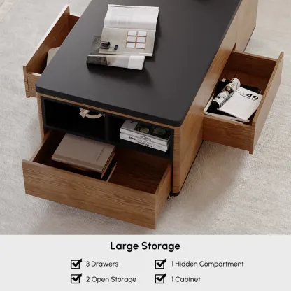 Large Wooden Lift-Top Coffee Table with Drawers & Cabinet Image - 15