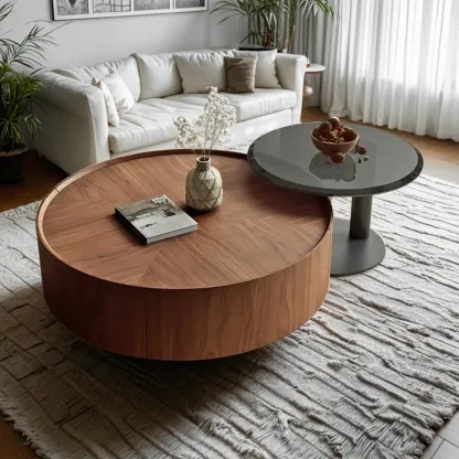 Modern Wooden Brown Round Nesting Coffee Table Image - 1