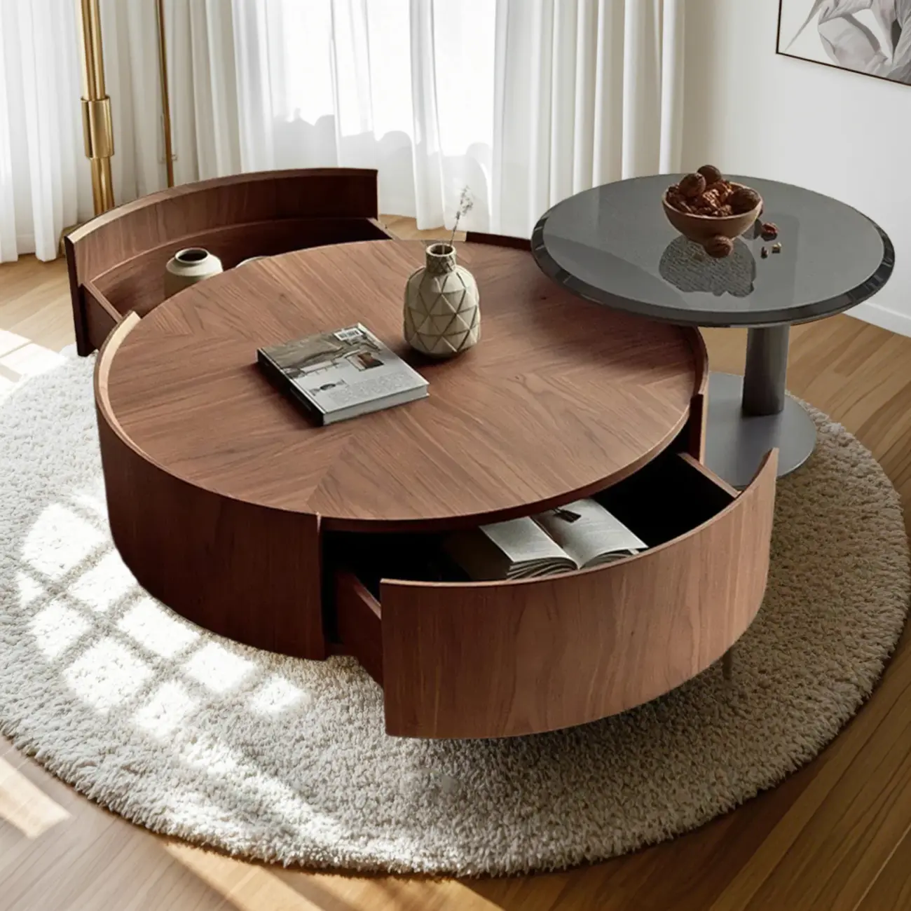 Modern Wooden Brown Round Nesting Coffee Table Image - 2 | homeyfad