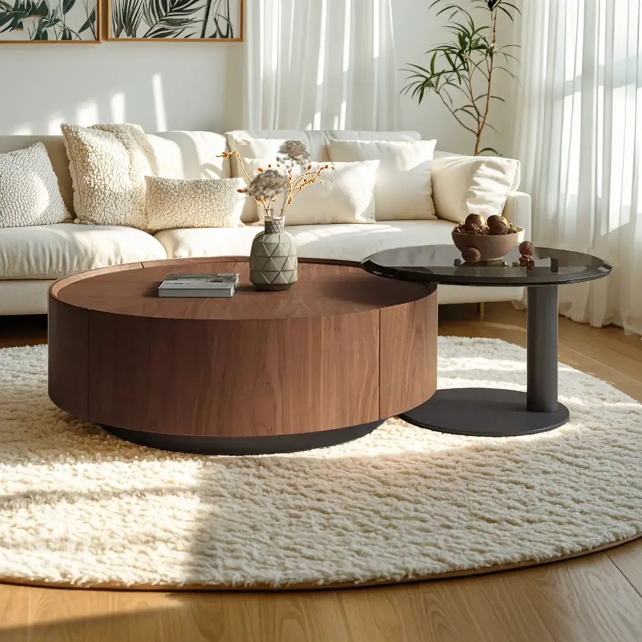 Modern Wooden Brown Round Nesting Coffee Table Image - 3