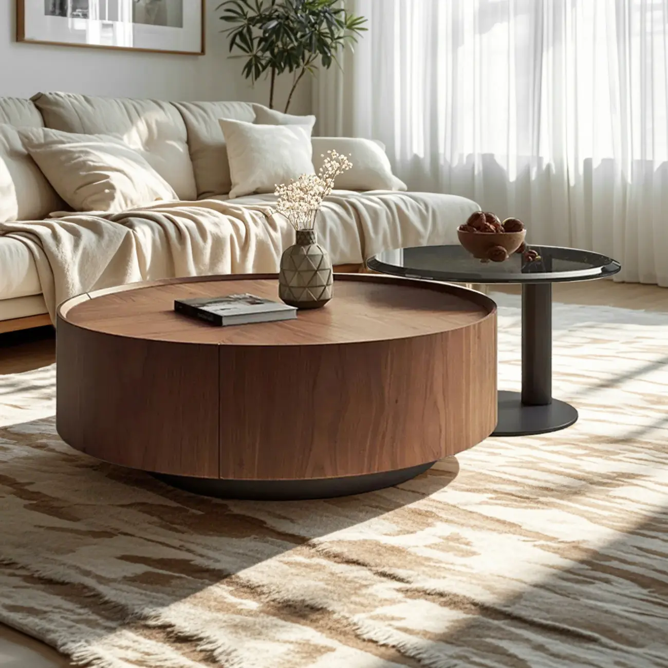 Modern Wooden Brown Round Nesting Coffee Table Image - 4 | homeyfad