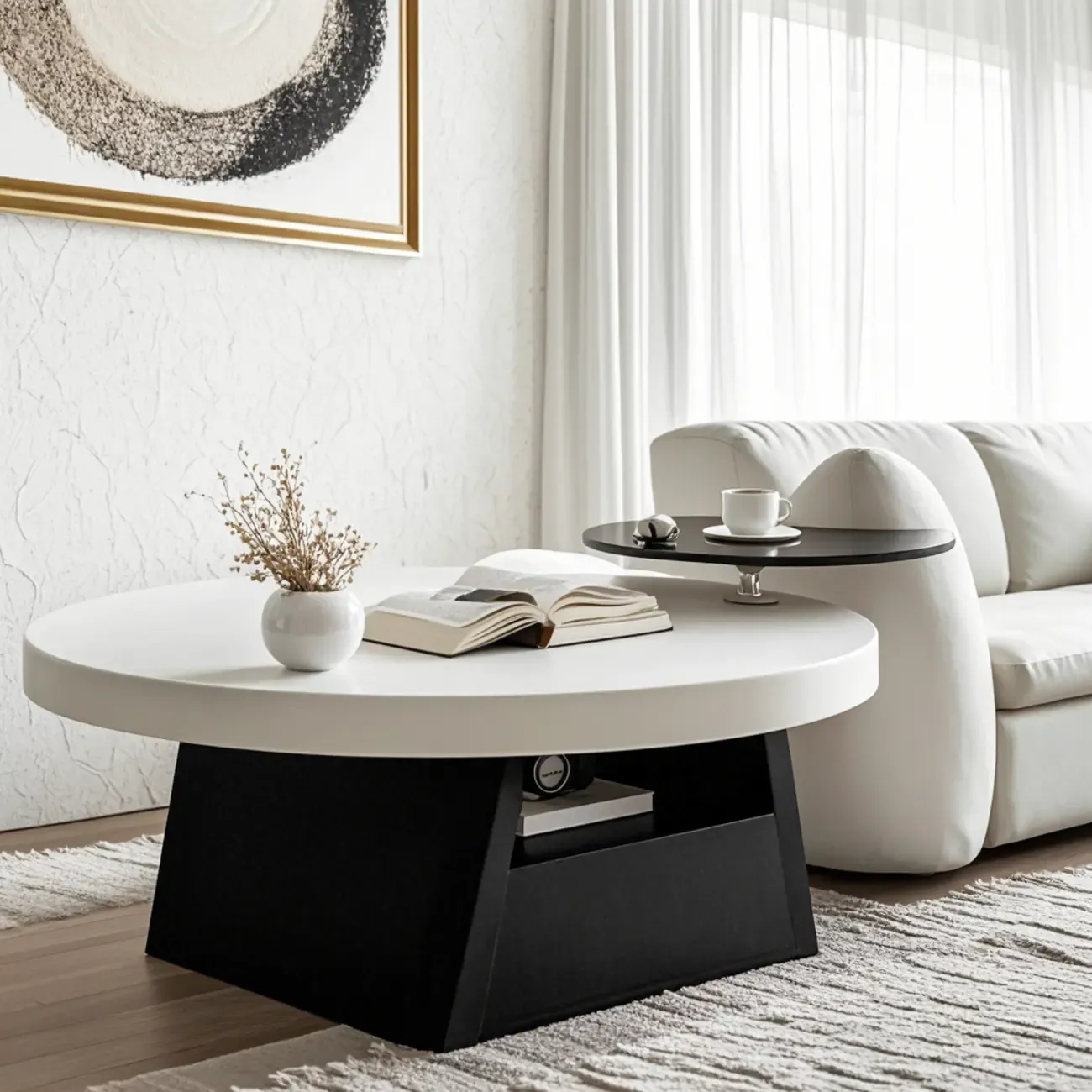 Black Beige Wood Round Tray Coffee Table with Shelf and Drawer Image - 1