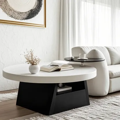 Black Beige Wood Round Tray Coffee Table with Shelf and Drawer Image - 1