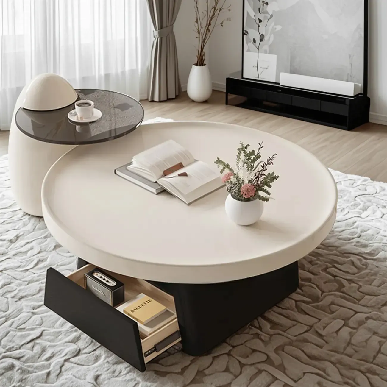 Black Beige Wood Round Tray Coffee Table with Shelf and Drawer Image - 2