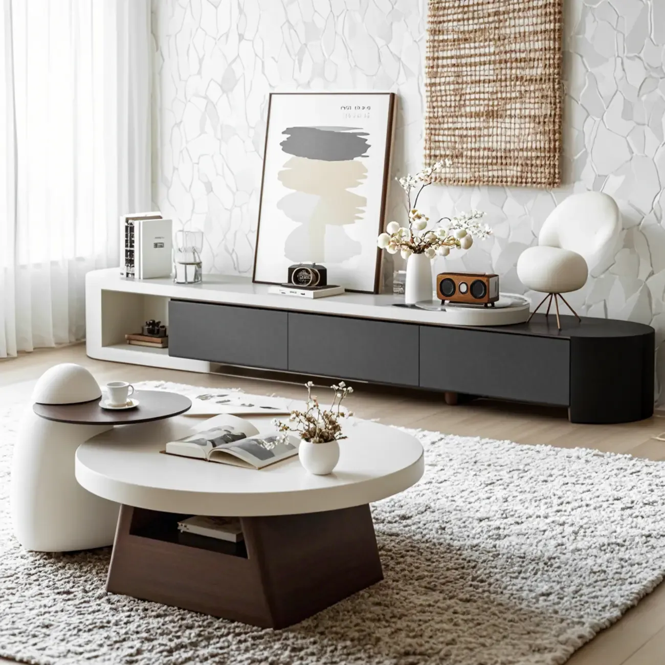 Black Beige Wood Round Tray Coffee Table with Shelf and Drawer Image - 3