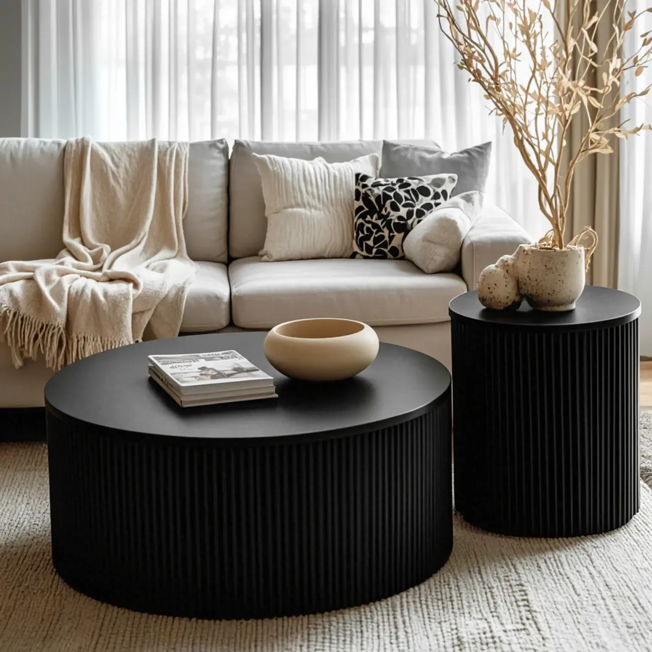 Simple Black Pine Round Drawer Coffee Table Image - 1