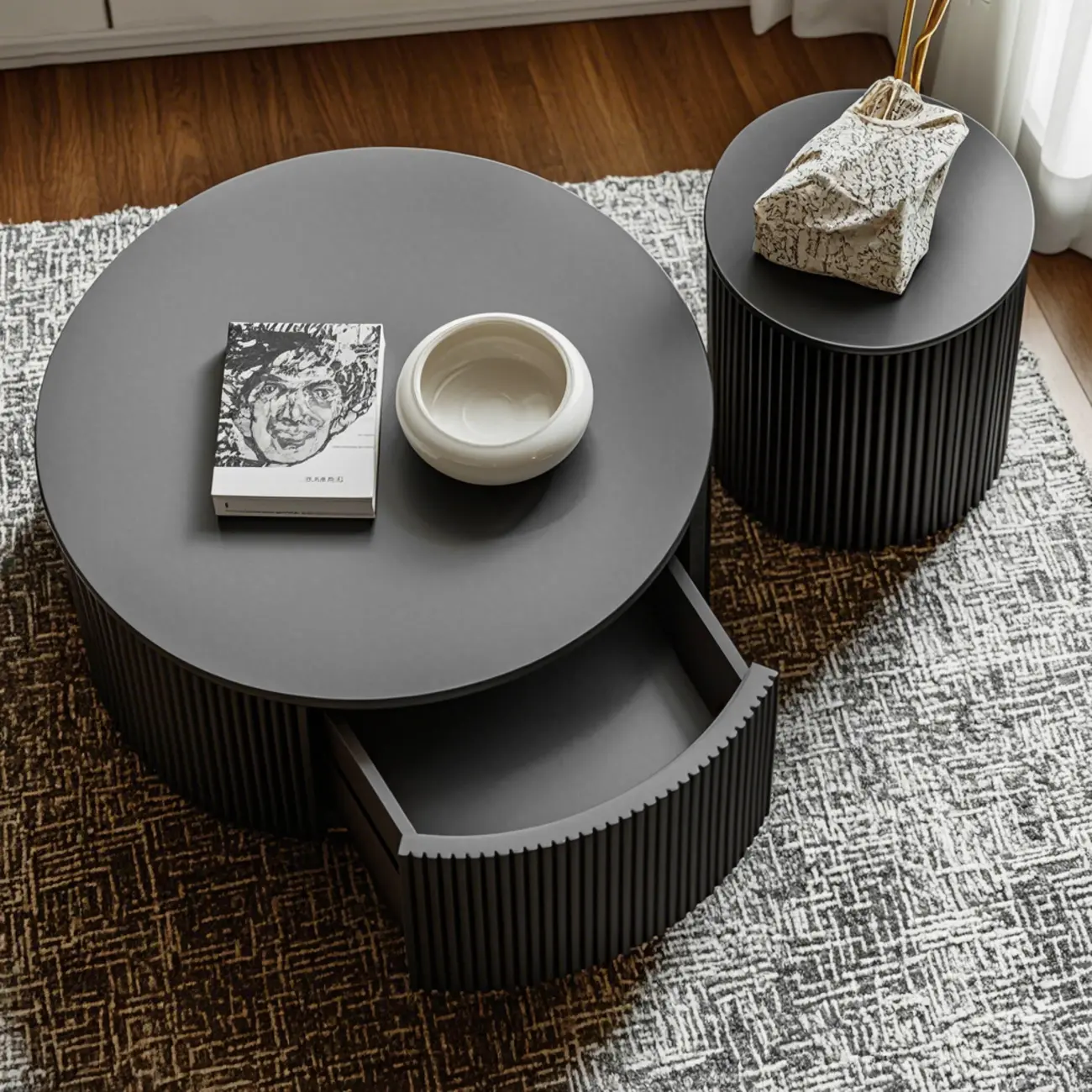 Simple Black Pine Round Drawer Coffee Table Image - 2 | homeyfad