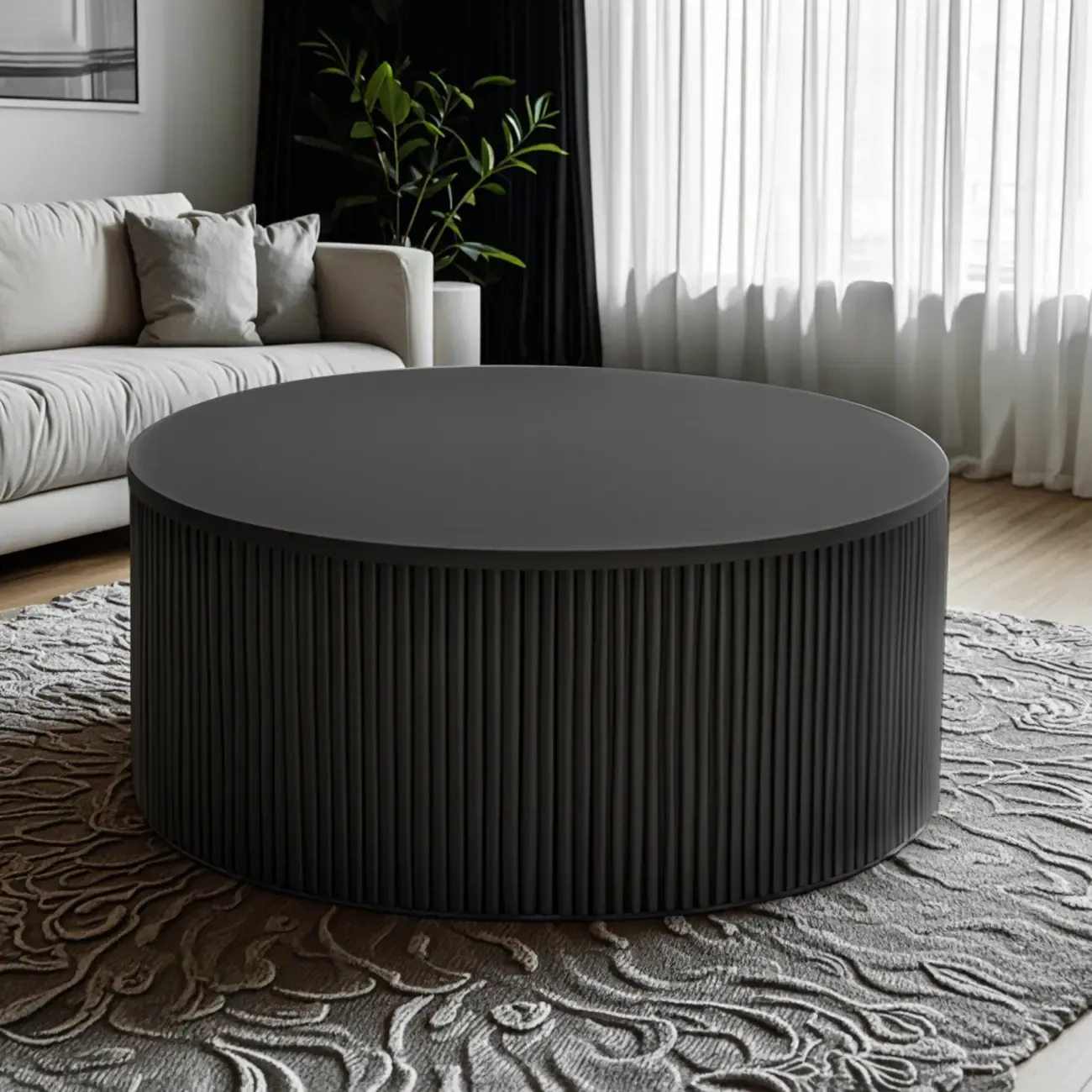 Simple Black Pine Round Drawer Coffee Table Image - 3