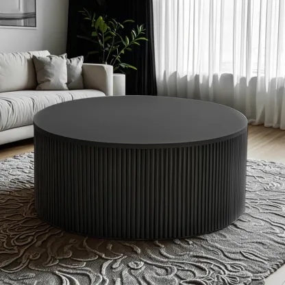 Simple Black Pine Round Drawer Coffee Table Image - 3