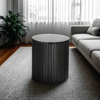 Simple Black Pine Round Drawer Coffee Table Image - 4