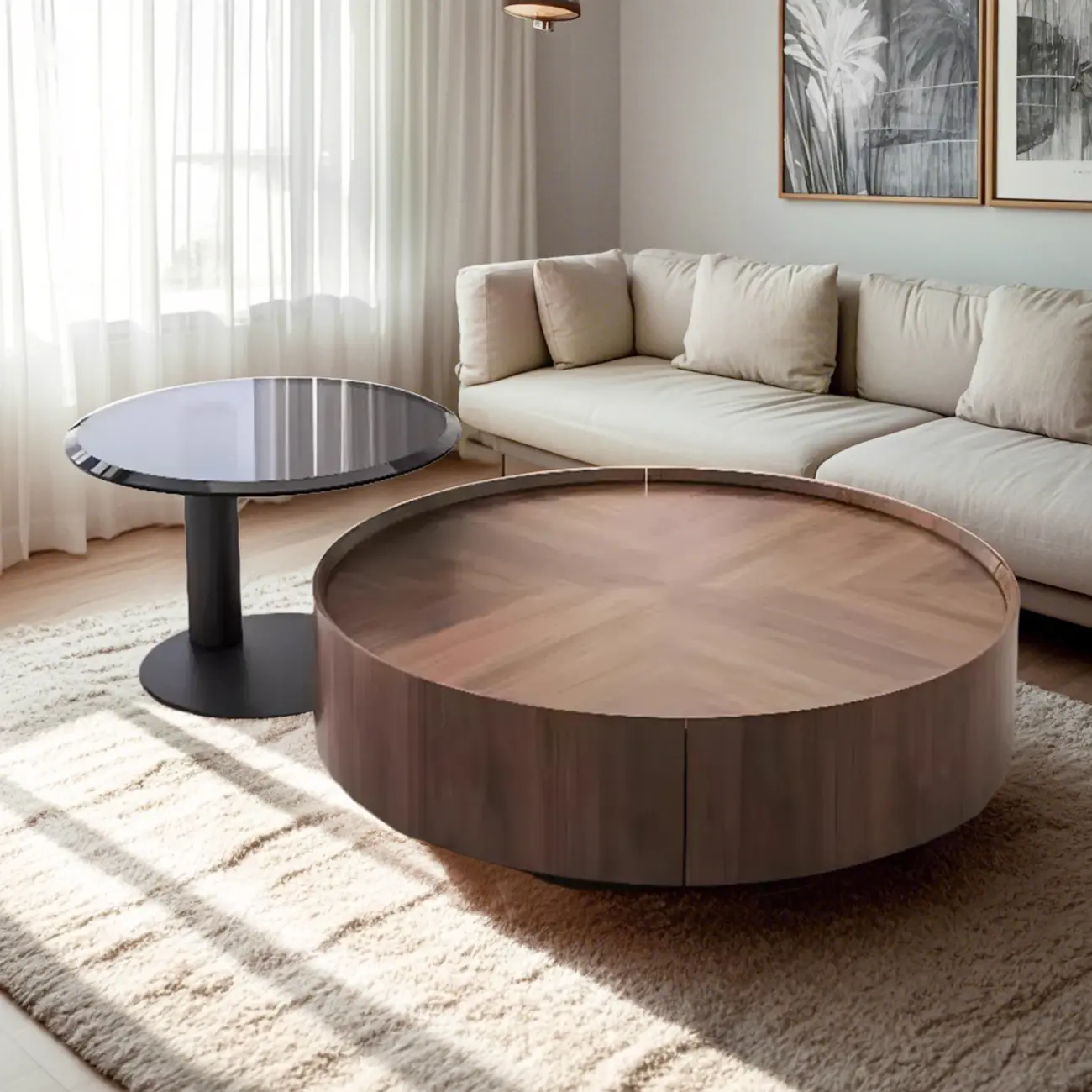 2 Drawers Round Reclaimed Wood Nesting Pallet Coffee Table Image - 3 | homeyfad