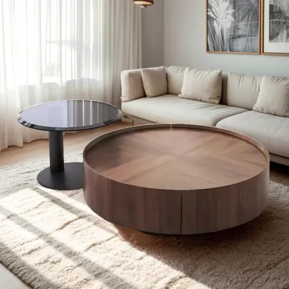 2 Drawers Round Reclaimed Wood Nesting Pallet Coffee Table Image - 3