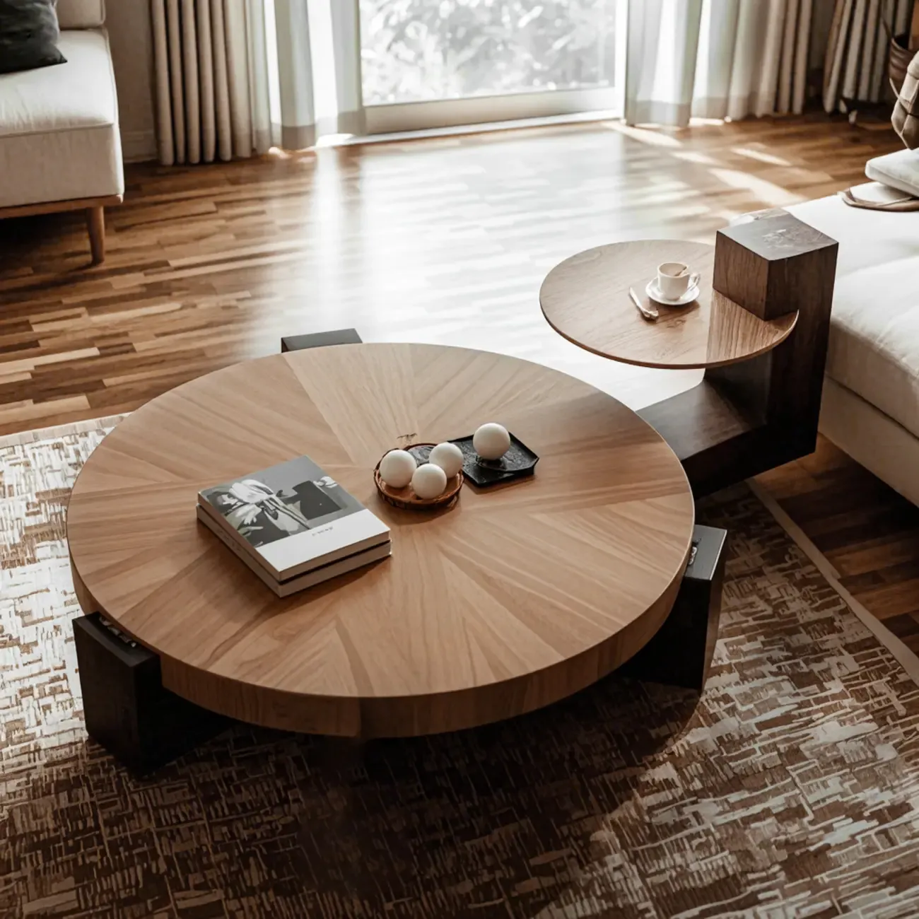 Funky Black Brown Wood Round Tripod Coffee Table Image - 3