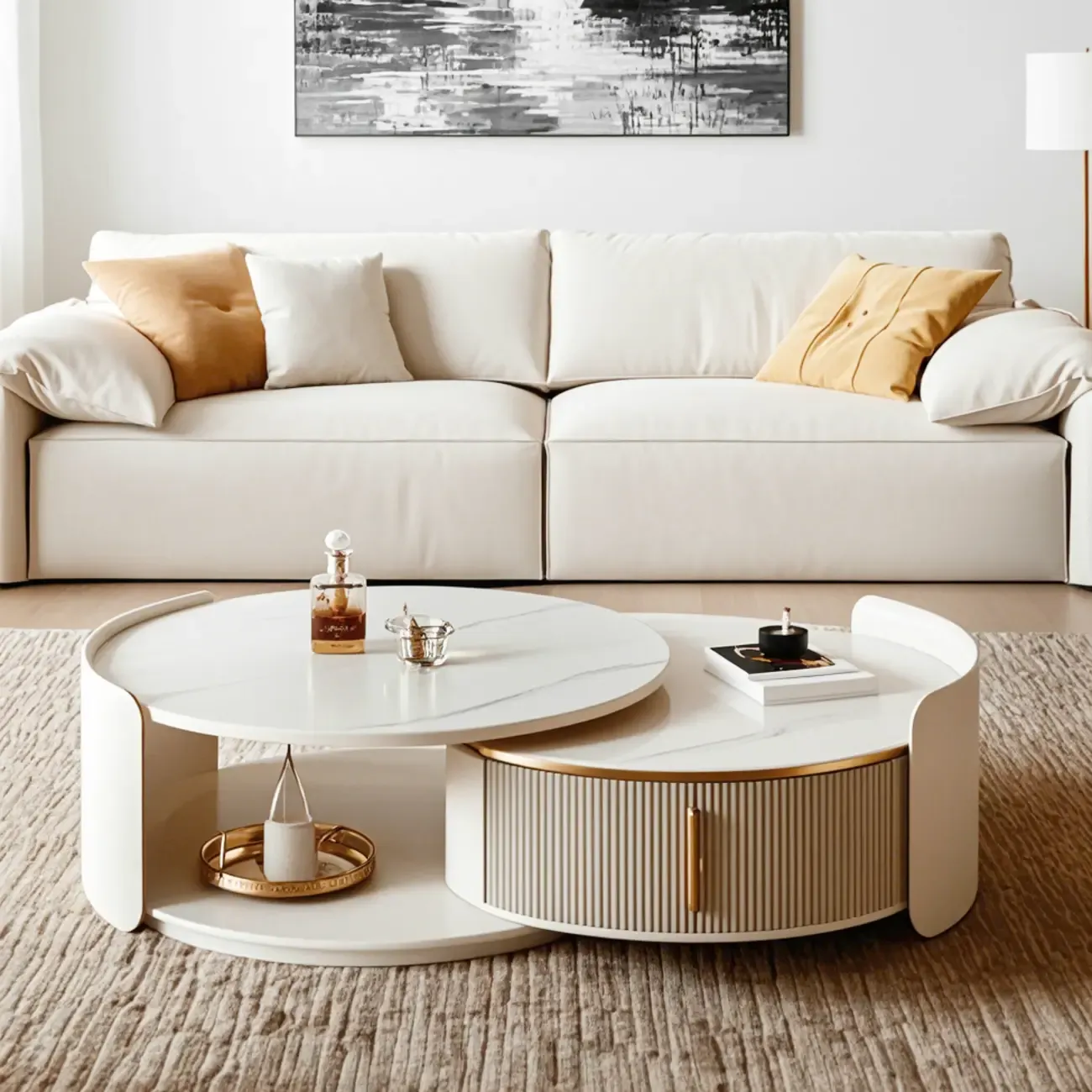 2 Drawers Beige Stone Round Coffee Table Image - 1