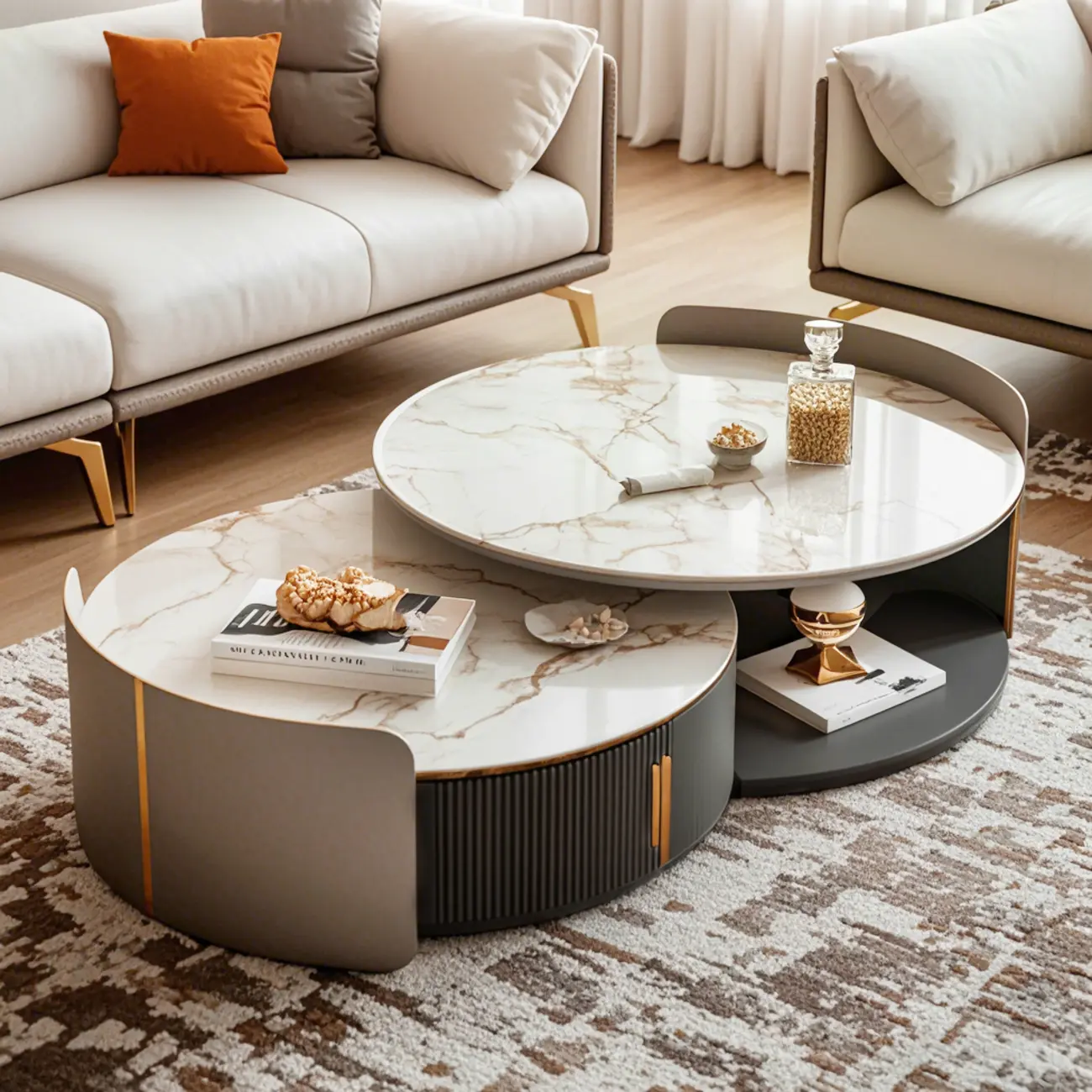 2 Drawers Beige Stone Round Coffee Table Image - 2 | homeyfad
