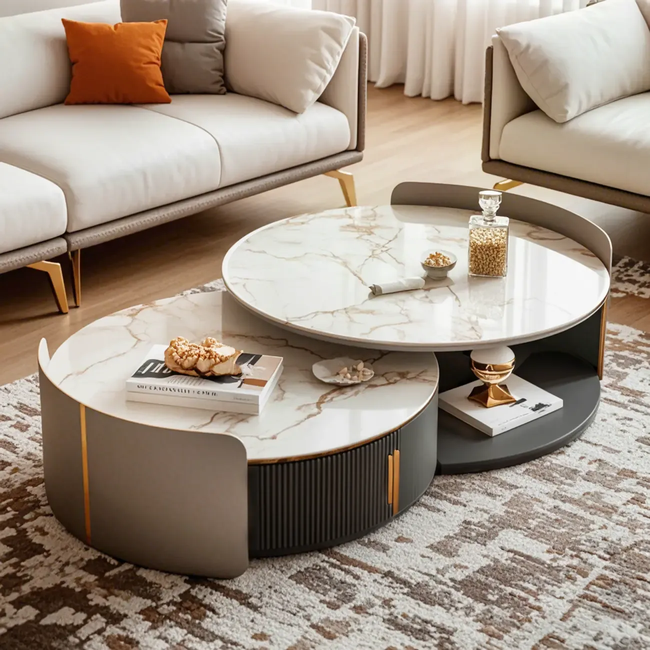 2 Drawers Beige Stone Round Coffee Table Image - 2