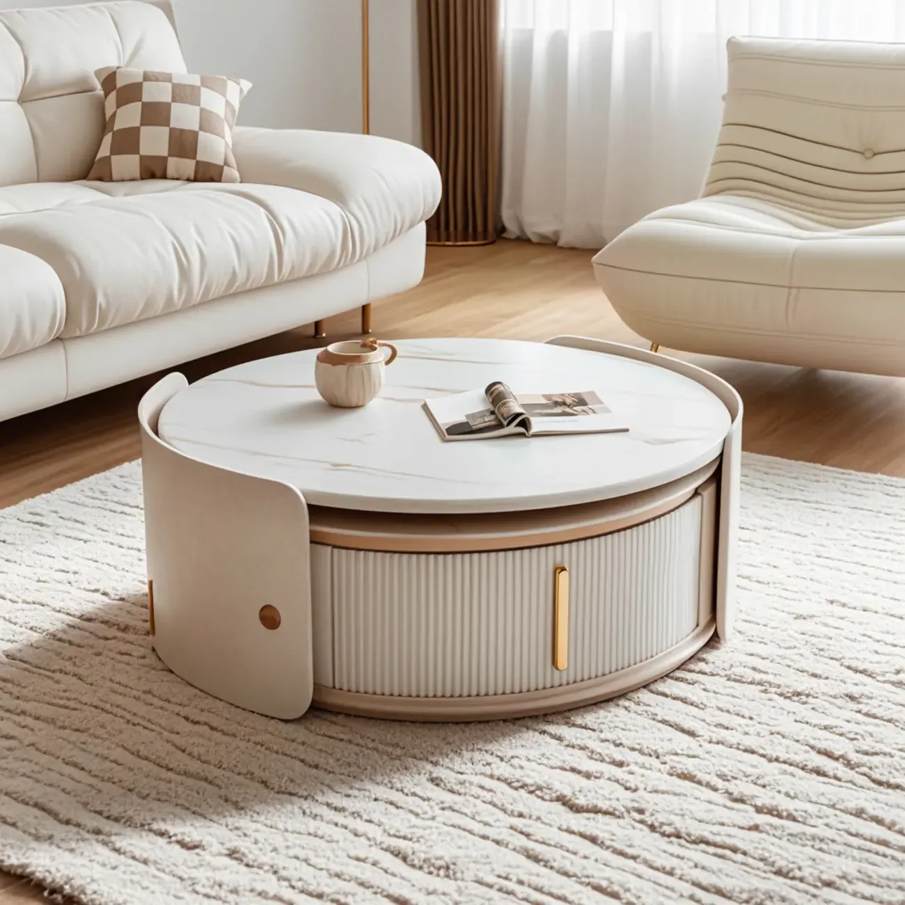 2 Drawers Beige Stone Round Coffee Table Image - 3