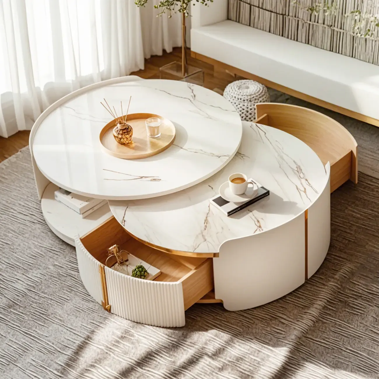 2 Drawers Beige Stone Round Coffee Table Image - 4