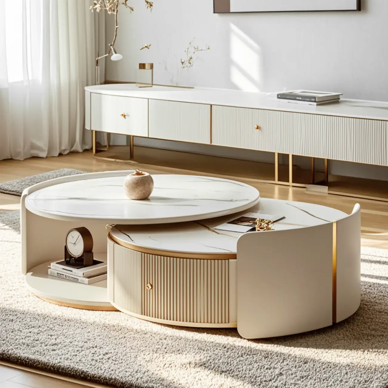 2 Drawers Beige Stone Round Coffee Table Image - 7