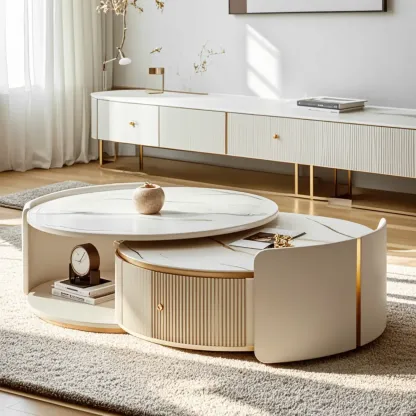 2 Drawers Beige Stone Round Coffee Table Image - 7
