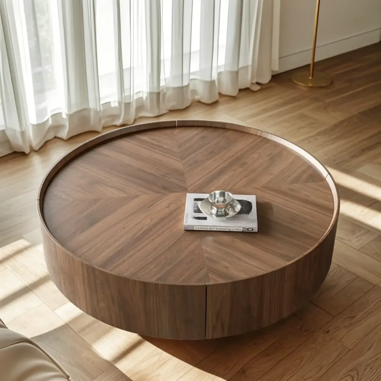 Brown Round Contemporary Wood Drawer Coffee Table Image - 4