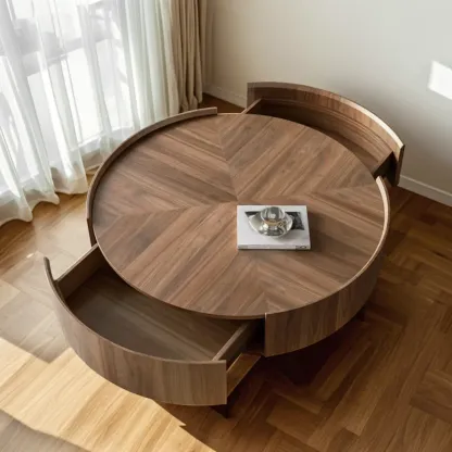 Brown Round Contemporary Wood Drawer Coffee Table Image - 2
