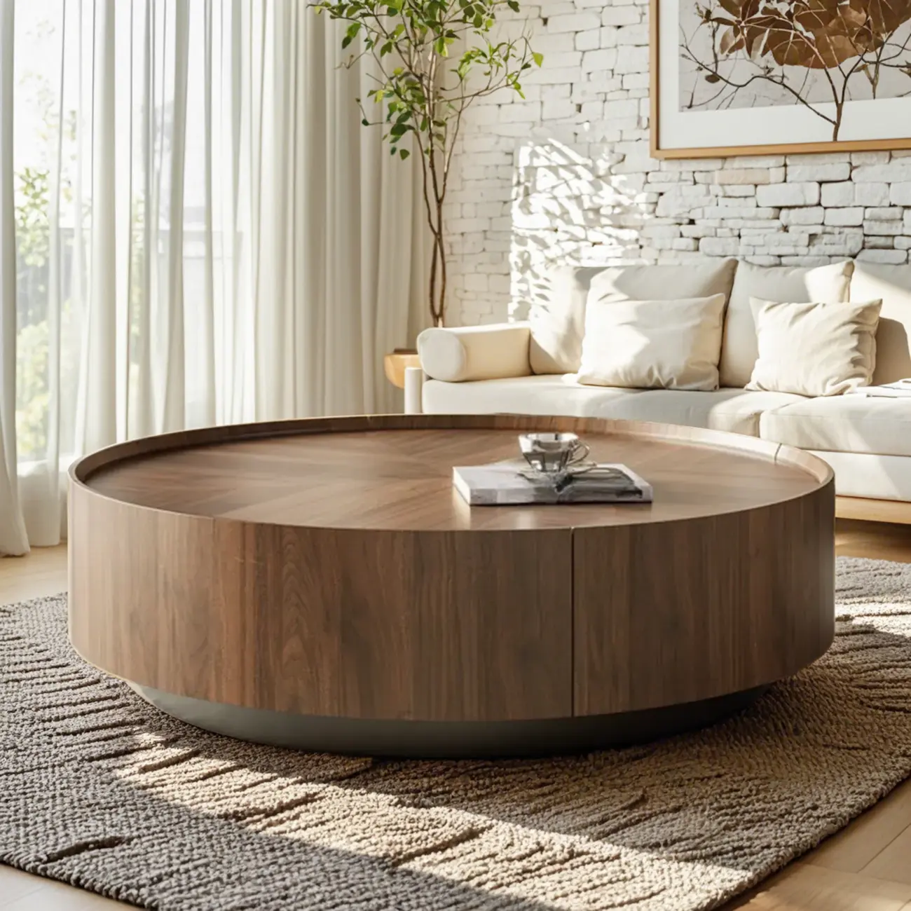Modern Round Wood Coffee Table with Steel Base Image - 3 | homeyfad