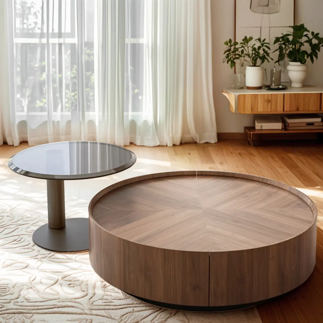Brown Round Contemporary Wood Drawer Coffee Table Image - 3 | homeyfad