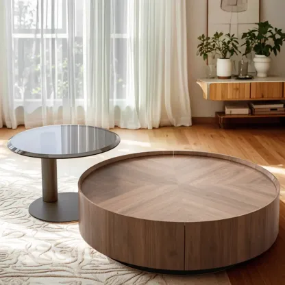 Brown Round Contemporary Wood Drawer Coffee Table Image - 3