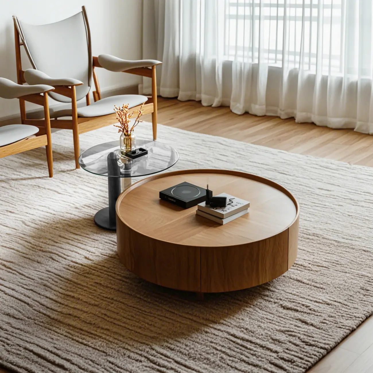 Modern Two-Part Glass Wood Round Coffee Table Image - 1 | homeyfad