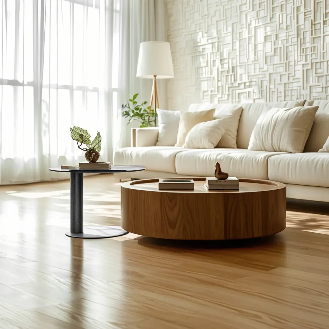 Modern Two-Part Glass Wood Round Coffee Table Image - 3