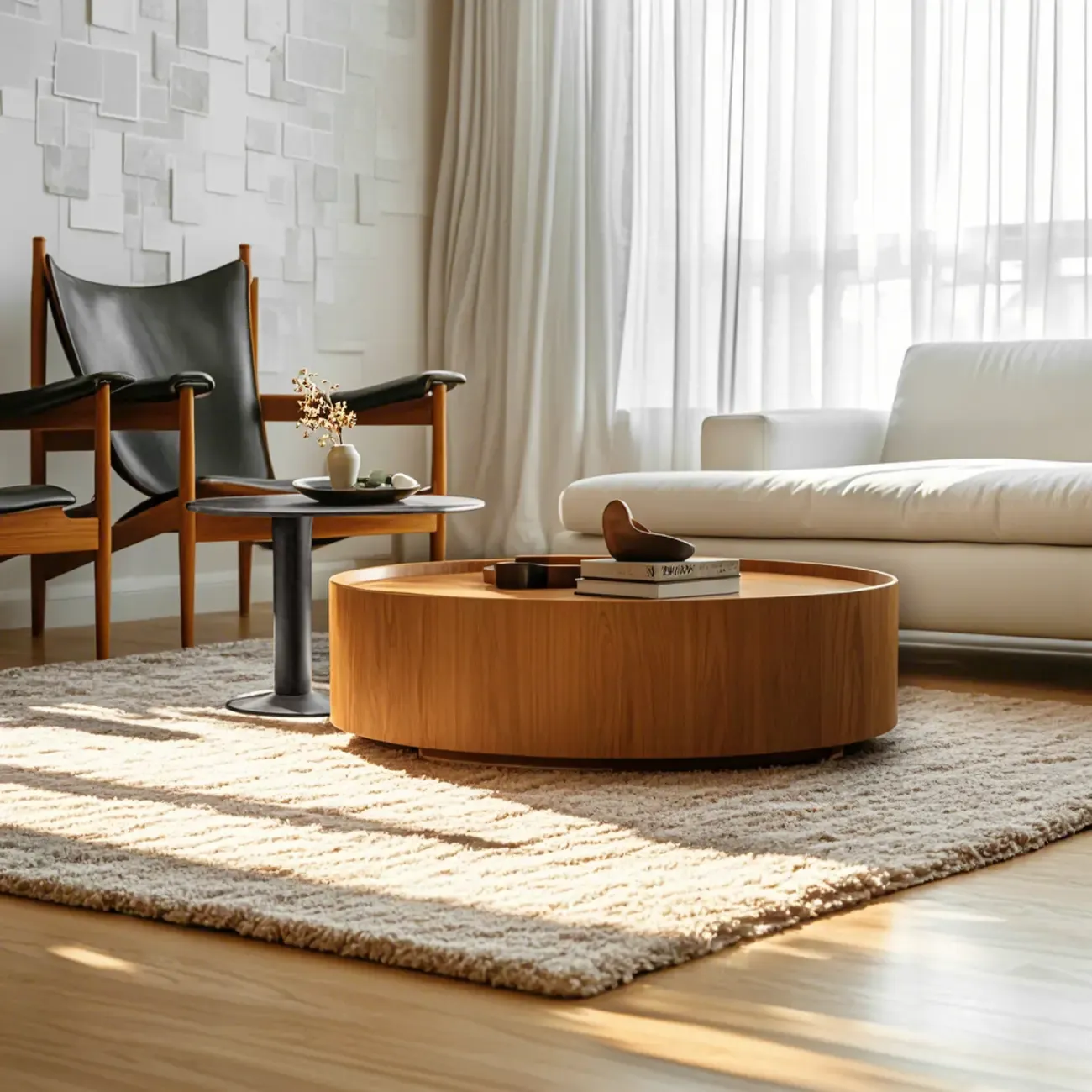Modern Two-Part Glass Wood Round Coffee Table Image - 4