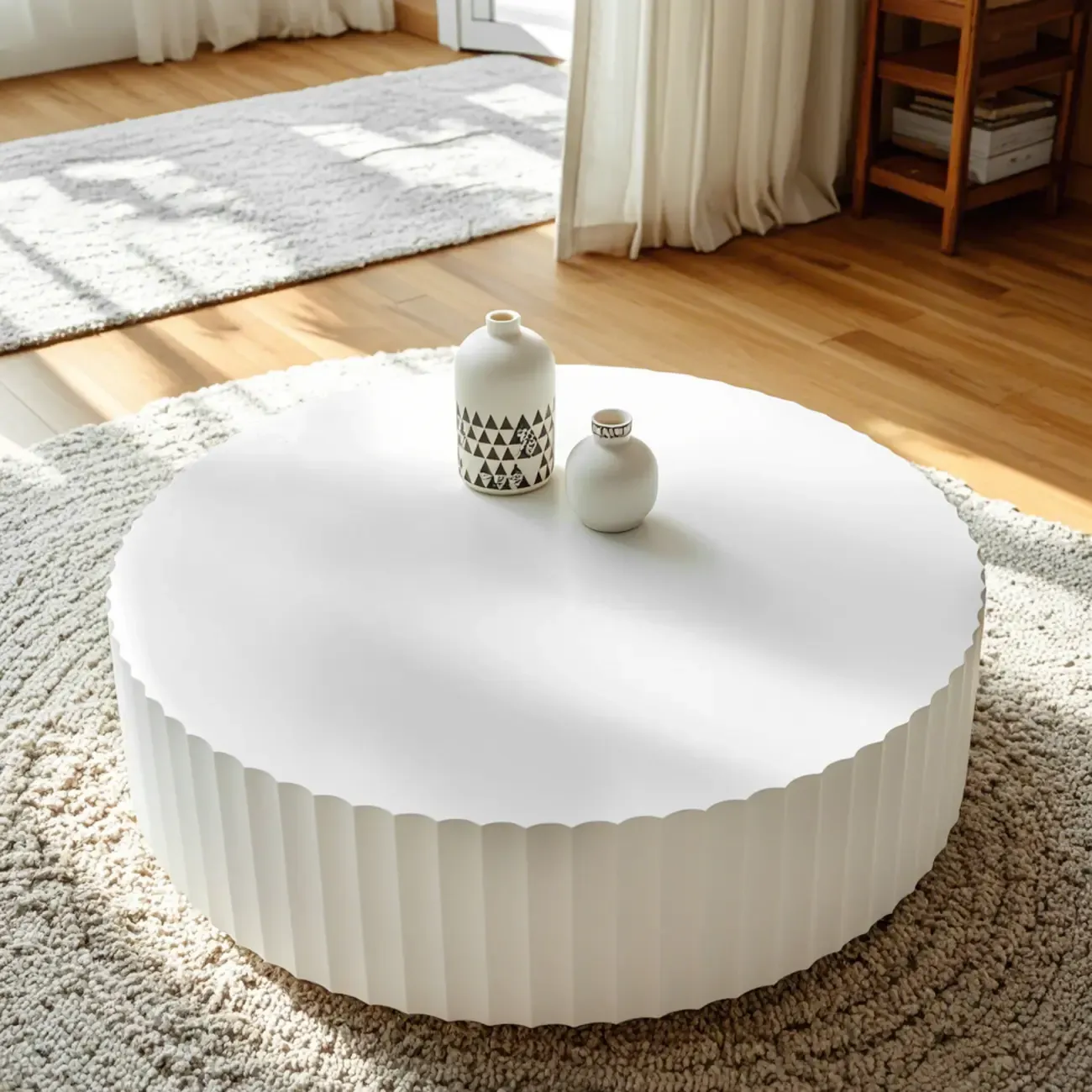 Sleek White Wooden Round Drum Coffee Table Image - 1