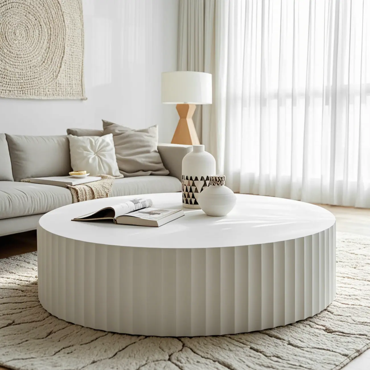 Sleek White Wooden Round Drum Coffee Table Image - 2 | homeyfad