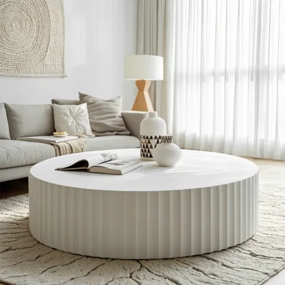 Sleek White Wooden Round Drum Coffee Table Image - 2